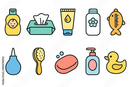 Baby care flat icon set. Essential baby items and hygiene icons in flat style