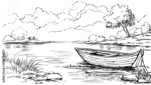 Boat Landscape Vector with Outline Isolated on White Background for Design Projects