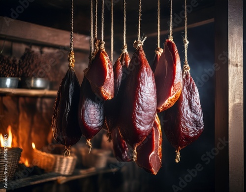 close up of cured meat pieces hanging by strings in a dark smokehouse creating a rustic and traditional food preparation atmosphere
