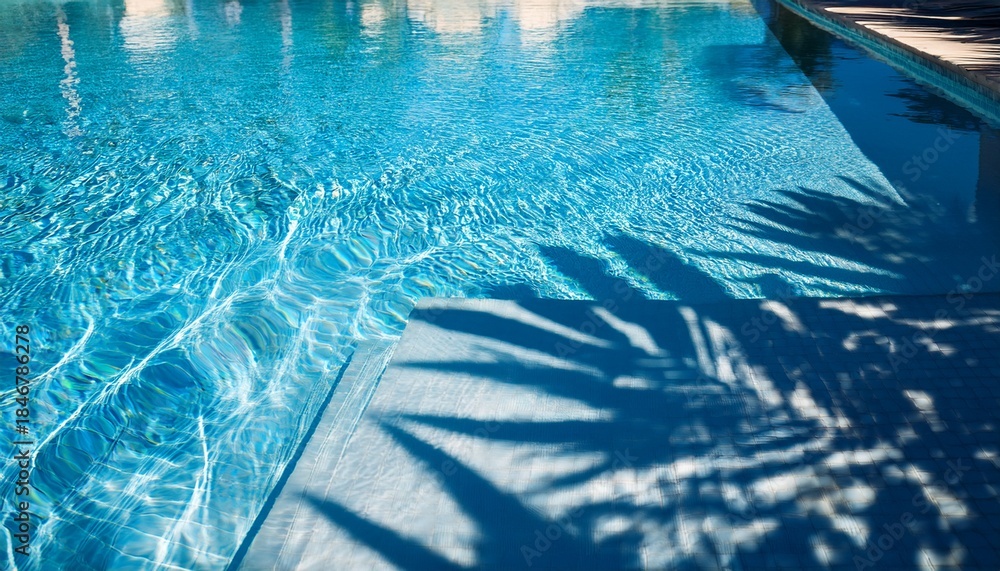 Obraz premium close up view of crystal clear swimming pool water with sunlight reflections and the shadow and partial view of tropical palm leaves