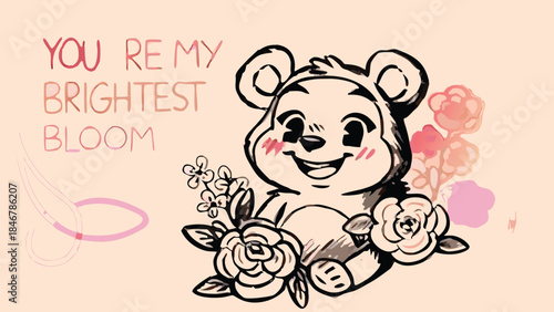 Cute cartoon bear surrounded by sketch roses and glowing colors sweetly smiling