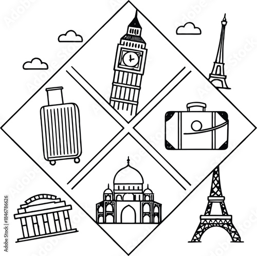Vector illustration set of architecture and travel landmark silhouettes like Eiffel Tower, Big Ben, and temples across the world