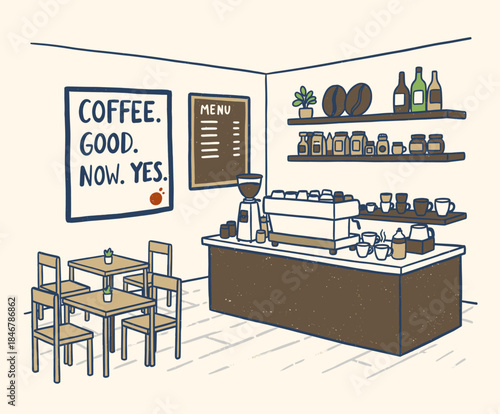 Street coffee shop artwork. Street cafe graphic print design for t shirt, apparel, posters, background and others. Street cafe abstract art design. Vintage hand sketch.