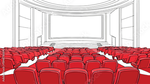 Modern Cinema Auditorium Red Seats White Screen Vector Illustration