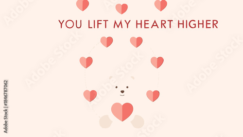 Cute teddy bear lifting cluster of heart balloons on a soft pink background with sweet valentine's day message