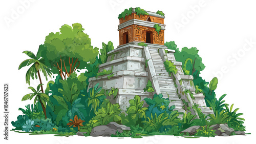 Enigmatic Ancient Mayan Temple Hidden in Lush Jungle Vector