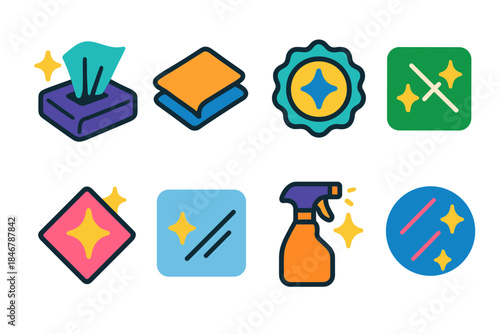 Cleaning tools flat icon set: essential household cleaning supplies icons collection