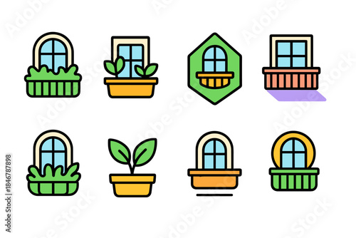 Gardening window box flat icon set. Planters, leaves, windowsill, balcony icons collection