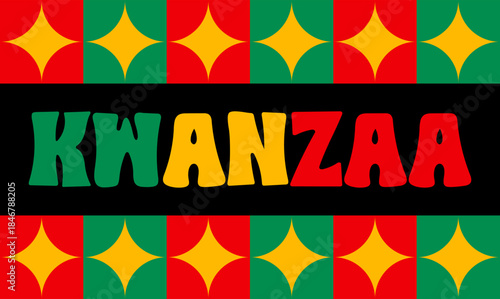 Kwanzaa celebration banner with pan african colors geometric pattern. Festive typography. African American heritage design. Ideal for cultural events, greetings, posters, banners. Vector illustration
