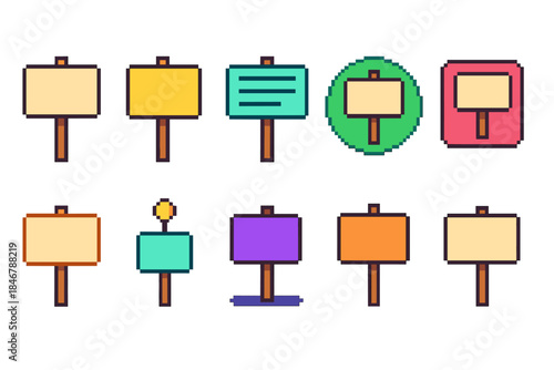 Simple sign flat icon set. Signs, boards, notices in a flat icon collection.