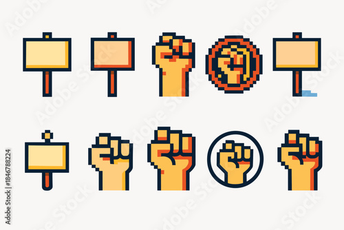 Protest, activism pixel icon set for social justice, advocacy, and solidarity