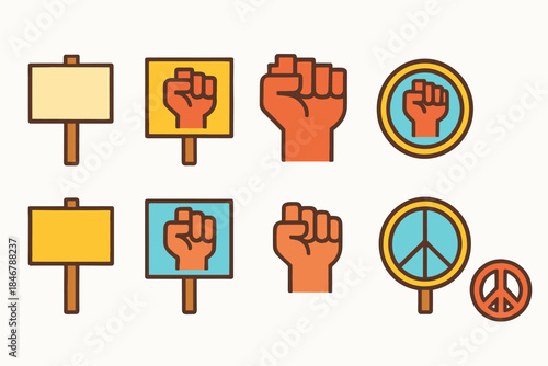 Protest, activism flat icon set. Demonstration, peace signs, activist icons collection