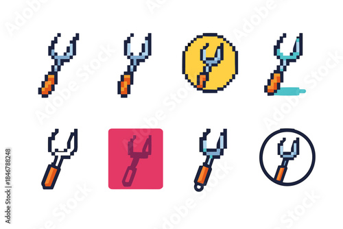Gardening tools pixel icon set. Garden implements in pixel art style for easy use
