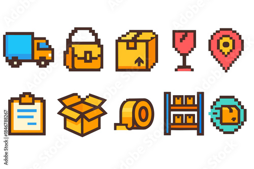“Logistics and delivery icon set. Pixel-style symbols for shipping solutions.”