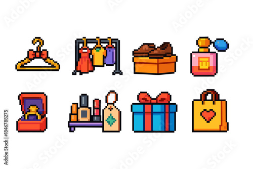Fashion and shopping pixel icon set. Retro, garment, accessory, gift, perfume collection.
