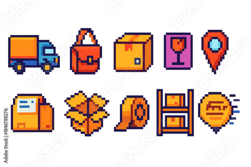 Logistics and shipping icon set. Pixel art style for delivery, packaging icons collection
