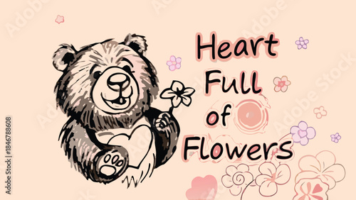 A doodle style brown bear with tiny floral shapes floating around it on a peach background with a heart on its chest