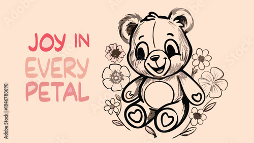 Doodle style teddy bear sitting with sketchy flowers and leaves on pastel background
