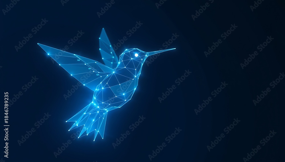 Naklejka premium Luminous blue wireframe hummingbird with bright eye on dark background image photo
