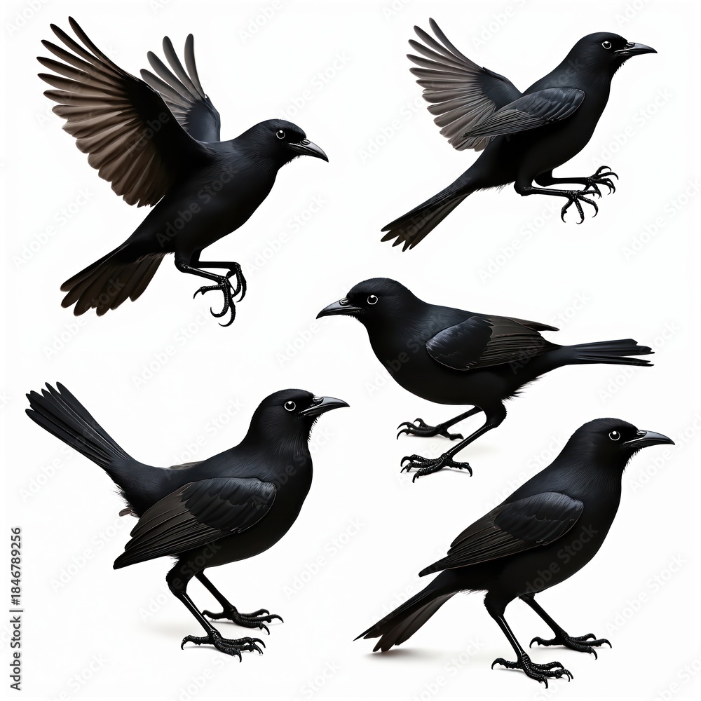 Fototapeta premium Five blackbirds shown in different poses against white background. Birds display flight and perching stances. Avian creatures with dark glossy plumage featured.