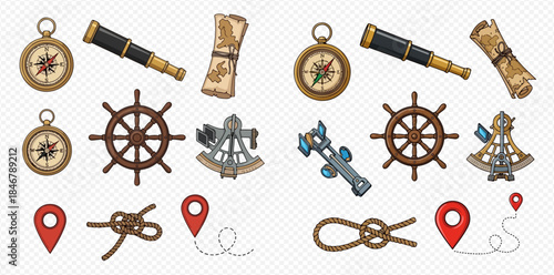 Set of vintage nautical navigation tools and travel elements on transparent background.