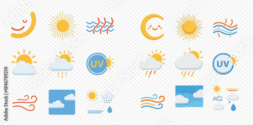 Set of colorful weather forecast icons including sun, moon, clouds, rain, wind, and UV index symbols.