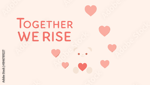 A cute teddy bear floats in a pastel sky surrounded by hearts