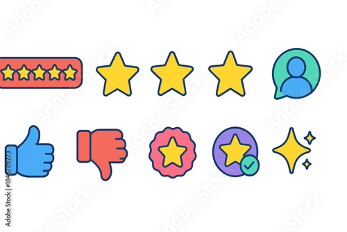 Rating and feedback icon set. Flat style icons for reviews and social interaction