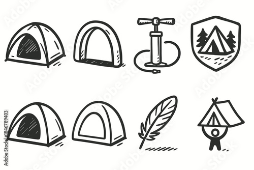 Camping and outdoor line icon set. Rustic adventure, hiking icons collection.