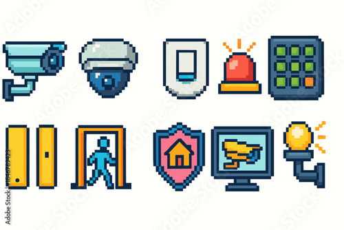 Security, surveillance 8-bit icon set. Retro digital safety icons for pixel art lovers