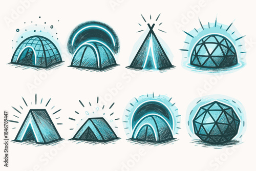 Camping, tents line icon set. Outdoor adventure and shelter icons linear collection