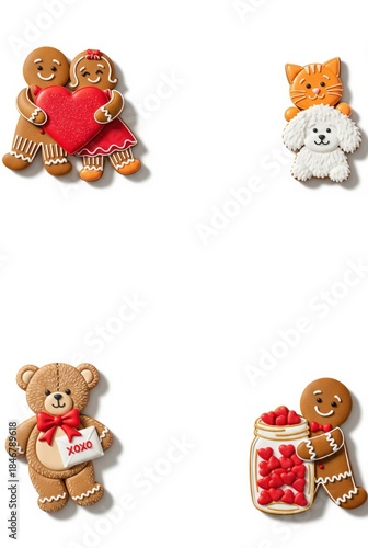 Gingerbread frame with teddy bear, couple and pets for Valentine's Day and Christmas. Cute holiday cookies holding love letter and mason jar on white background.