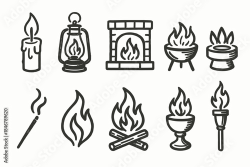 Fire and flame outline icon set. Campfire, candle, torch symbols collection