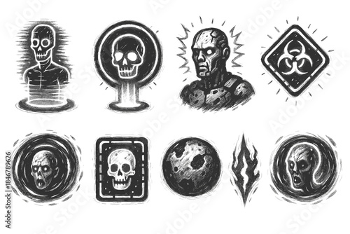 Horror, zombie, skull grunge icon set. Creepy, eerie elements outline collection