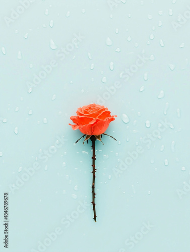 A lone coral rose standing upright with soft raindrops on a pastel background, symbolizing fragility, hope, and quiet emotional resilience.