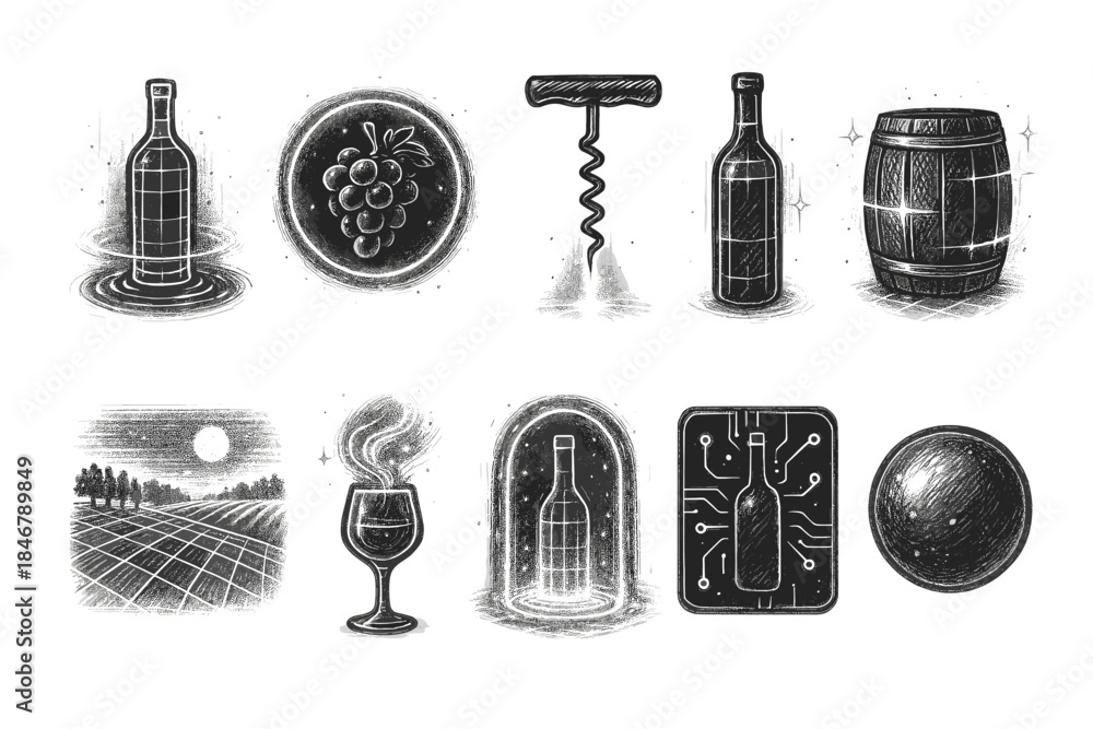Obraz premium Wine and winemaking chalk icon set. Vineyard, bottle, corkscrew chalk collection