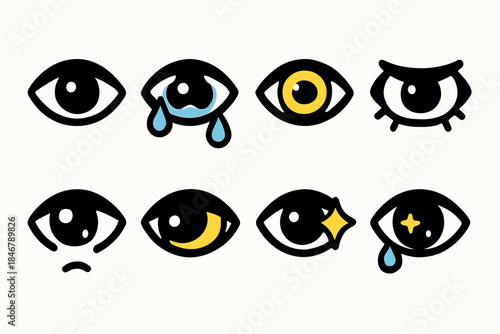 Eye expressions icon set. Emotional, expressive eyes flat icons collection.