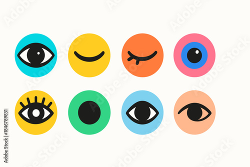 Eye expression icon set. Colorful flat icons for mood and emotion collection