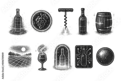 Wine and winemaking chalk icon set. Vineyard, bottle, corkscrew chalk collection