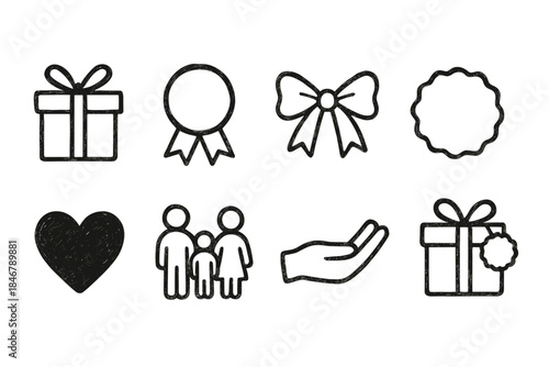 Gift and family outline icon set. Present, heart, family, and hand symbols collection