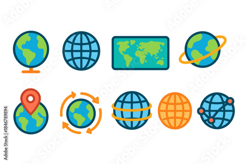 Global map flat icon set. Geography, world, earth, globe flat icons collection