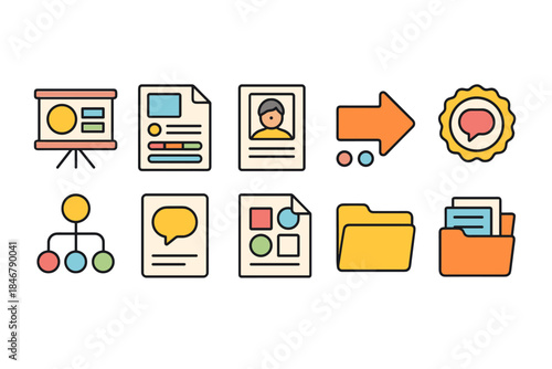 Business presentation outline icon set. Office tools, document management icons collection
