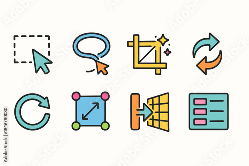 Vector editing tools flat icon set. Edit, adjust, crop, rotate icons collection.