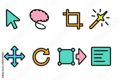 Editing tools flat icon set. Essential tools for design and photo editing apps