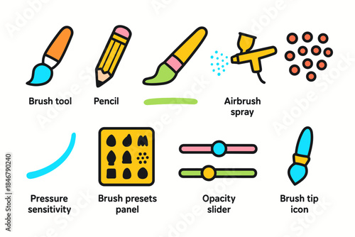 Digital art flat icon set. Essential tools for creative design, drawing icons collection