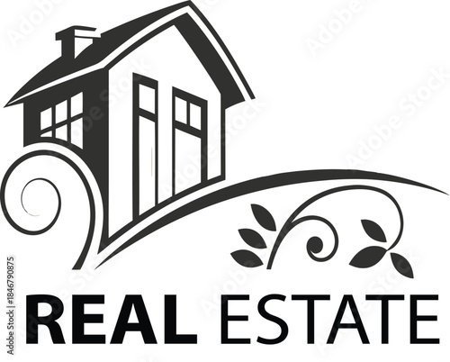 Real Estate Home Icon: A stylized illustration featuring a modern home design, interwoven with elegant botanical elements, symbolizes the core essence of property ownership.