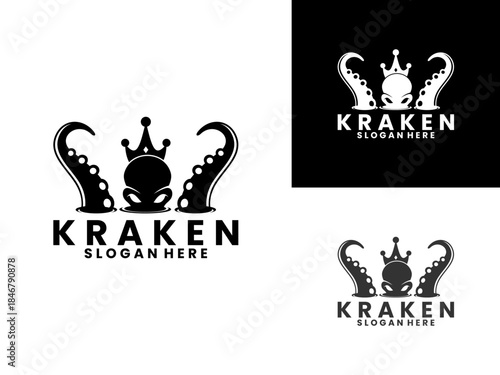 kraken with crown logo design vector template. Best Octopus logo esign icon