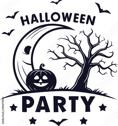 Spooky Halloween Invitation: A striking monochrome illustration encapsulates the essence of Halloween, featuring a grinning pumpkin, a whimsical crescent moon, a bare tree, and playful bats.