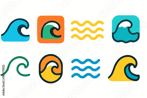 Wave outline icon set. Ocean, beach, sea wave symbols in a stylish outline collection