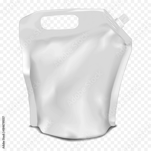 White blank large spouted stand-up pouch with die cut carrying handle. Realistic 3d vector mockup. Nozzle plastic bag with screw cap. Mock-up. Liquid product big volume packaging. Template for design